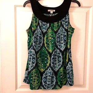 Sleeveless top sz L black, green, yellow design